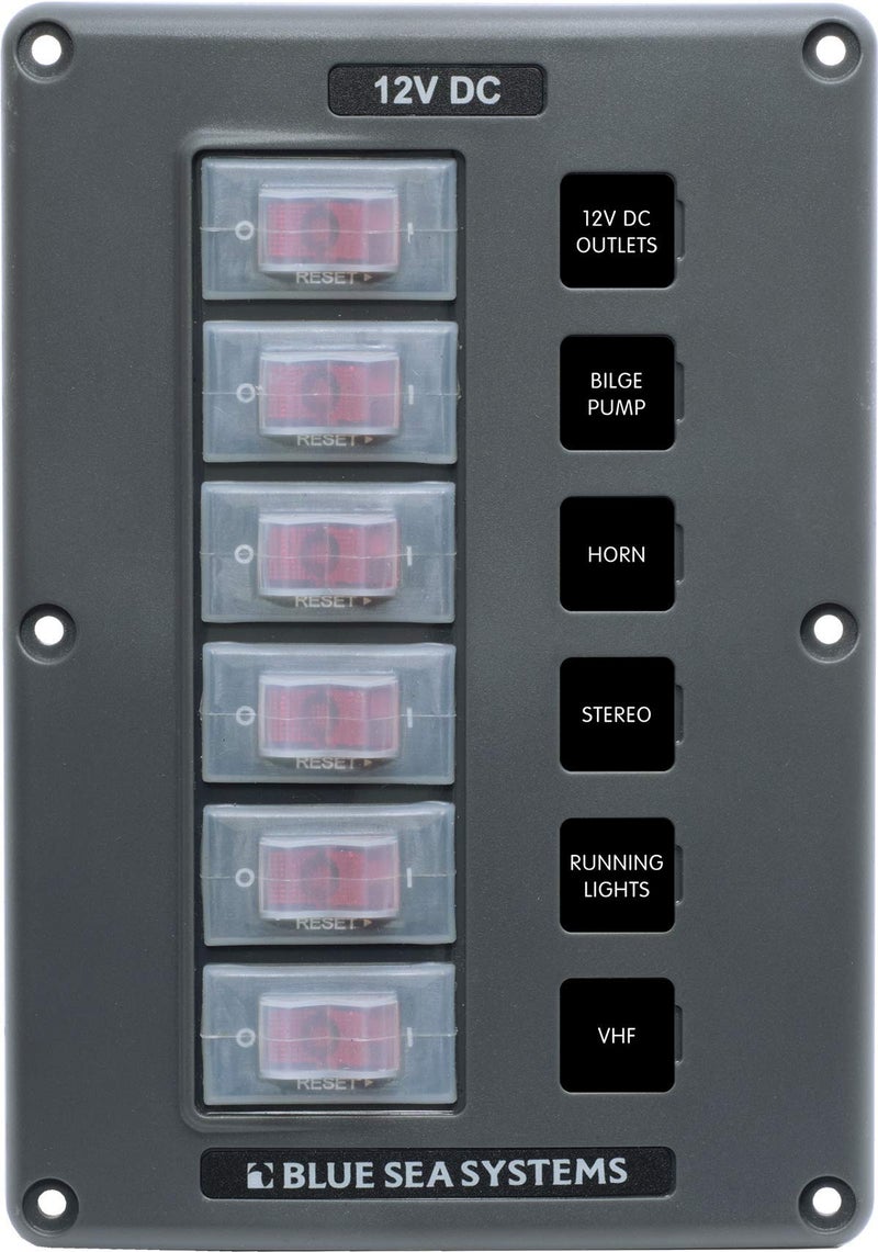 Blue Sea Systems 4322 Water-Resistant Circuit Breaker Switch Panel, Gray, 6 Positions - Image 1